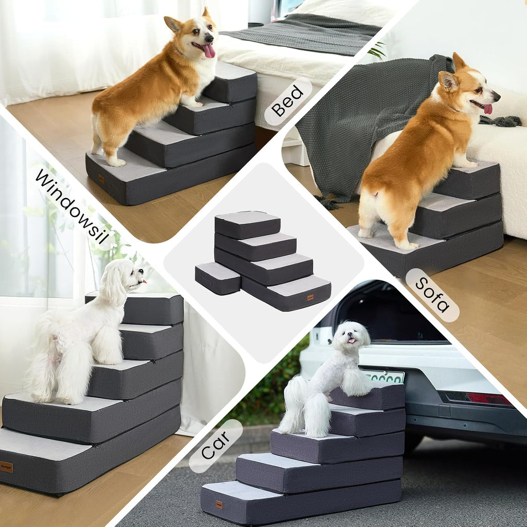 Garnpet 3-Step Adjustable Dog Stairs for Sofa and Couch, Dog Steps for Small Dogs and Cats, Foldable Pet Stairs for Low Bed Climbing, Non-Slip Pet Step Indoor, Grey