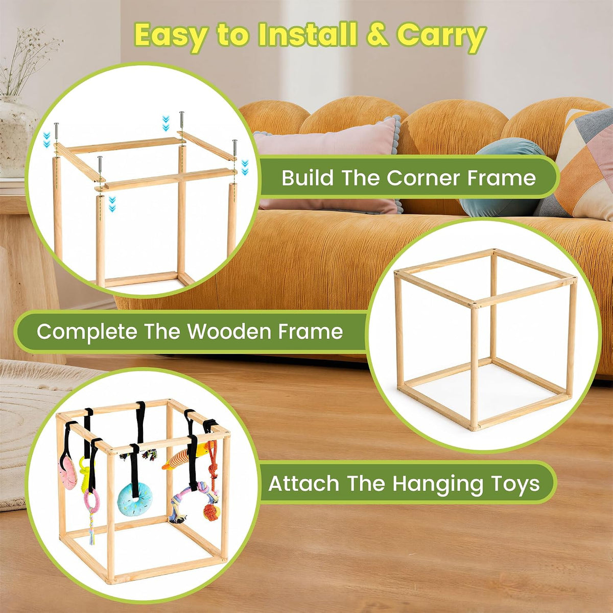 Puppy Play Gym for Small Dogs, Wooden Indoor Dog Playground with Hanging Toys, Interactive Puppy Gym & Jungle Gym for Enrichment, Agility Equipment (17.3 inch)