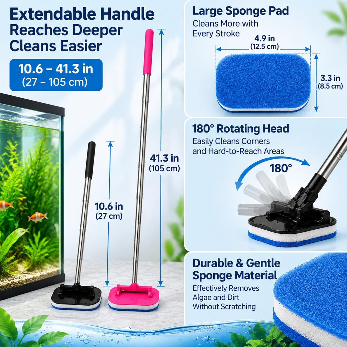 2 Pack Fish Tank Cleaner, Aquarium Cleaning Brush with Long Handle and Replaceable Sponge Pad, Aquarium Glass Cleaner Tool and Daily Tank Maintenance