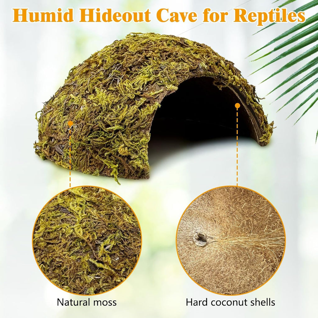 4 Pack Natural Green Moss Hermit Crab Hide Caves Coconut Reptile Hideouts