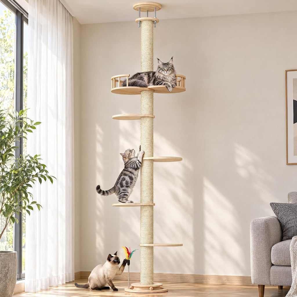 Floor to Ceiling Cat Tree, 80-94" Adjustable Wood Cat Tower, Beige