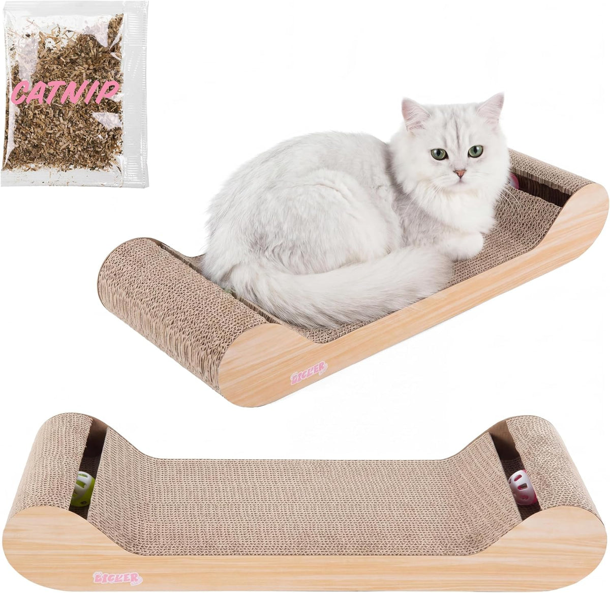 Rini 23.75" Modern Corrugated Cardboard Lounge Bed with Built-in Bell Toys and Catnip, Ergonomic Curved Sofa Scratcher for Indoor Cats, Oak Wood Finish CSR1003C