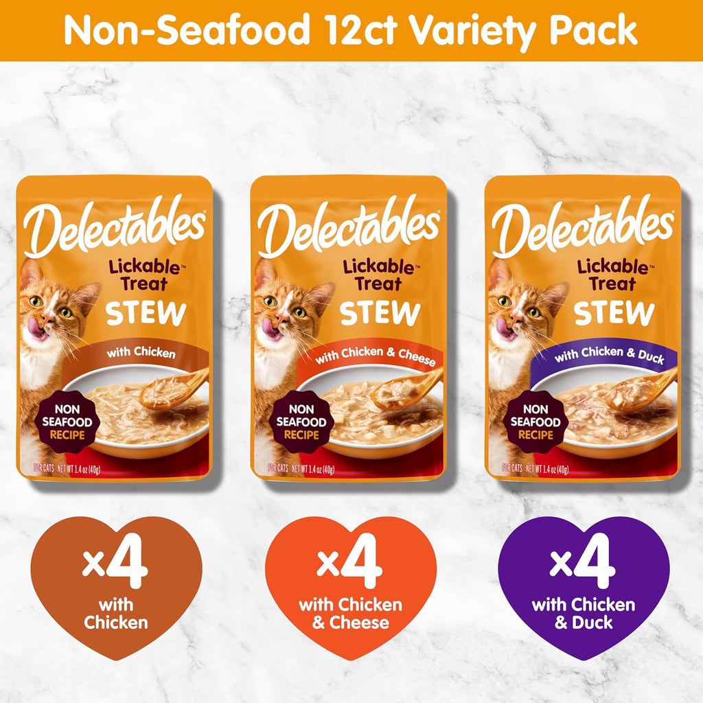 Delectables Lickable Treat Stew Non-Seafood Wet Cat Treat Variety Pack, Food Topper, Hydrating, Grain-Free, No Fillers, No By-Products, No Added Preservatives, 1.4oz Pouch, 12ct