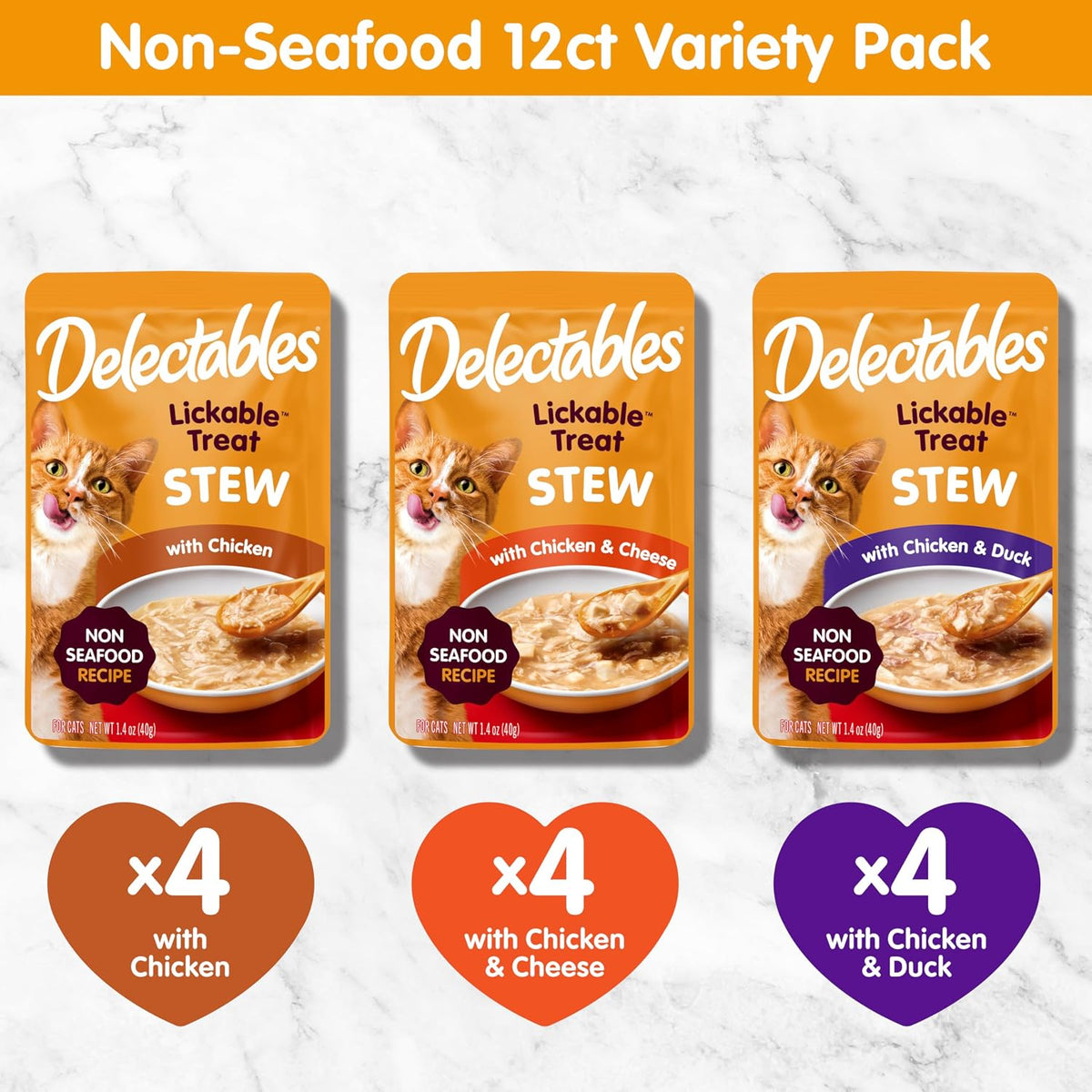 Delectables Lickable Treat Stew Non-Seafood Wet Cat Treat Variety Pack, Food Topper, Hydrating, Grain-Free, No Fillers, No By-Products, No Added Preservatives, 1.4oz Pouch, 12ct