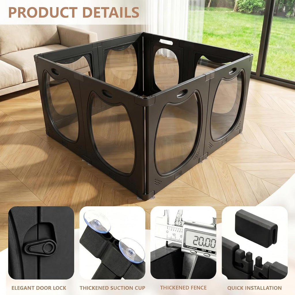 HABUTWAY Acrylic Dog Playpen for Indoor Use – Clear Small Pet Play Pen for Puppies, Cats, Rabbits & Ferrets – Easy Assemble, Durable & Portable Pet Enclosure (Black, 24" H, 8 Panels)