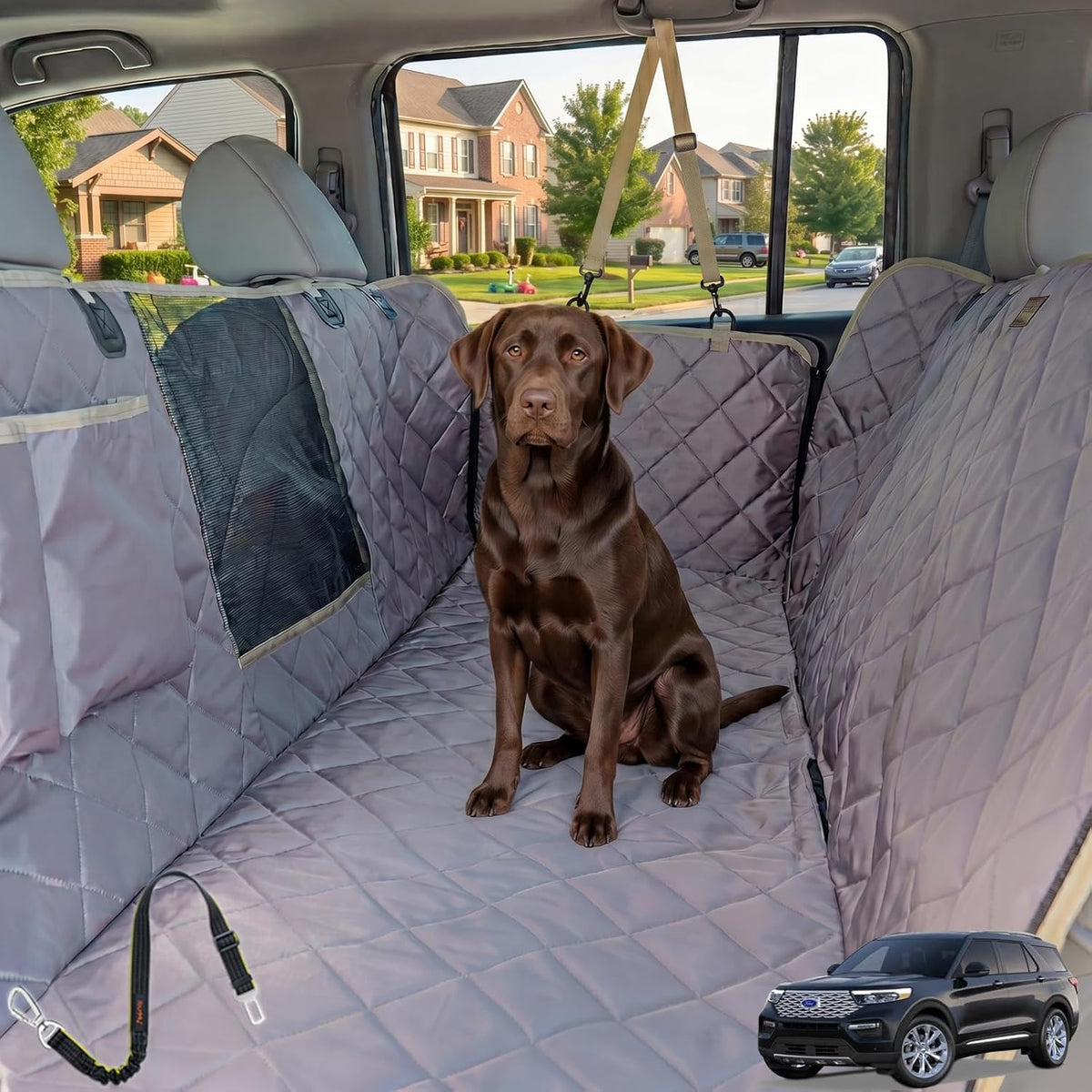 56"Wx60"L Dog Car Seat Cover for SUV & Truck, Heavy Duty 900D Waterproof Pet Hammock with Mesh Window, Odorless Scratchproof Backseat Protector for Large Dogs, Fit Model Y, F-150, RAV4 - Brown