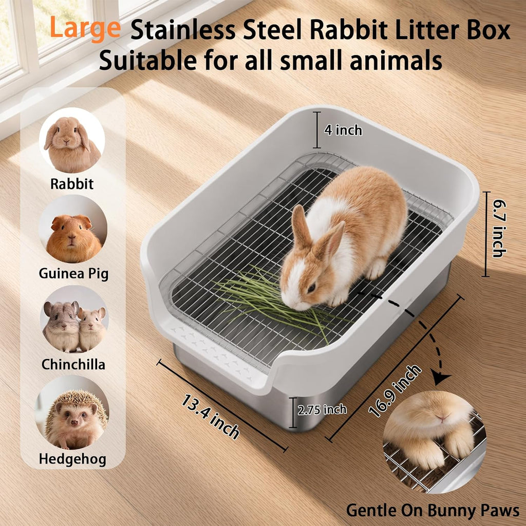 Stainless Steel Rabbit Litter Box with Sifting Grid, 16.9×13.4×6.7 inch
