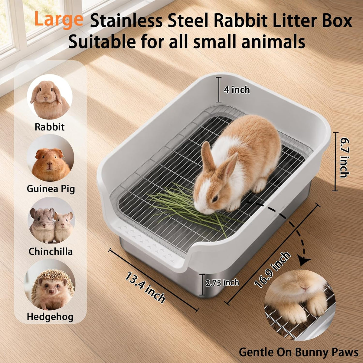 Stainless Steel Rabbit Litter Box with Sifting Grid, 16.9×13.4×6.7 inch