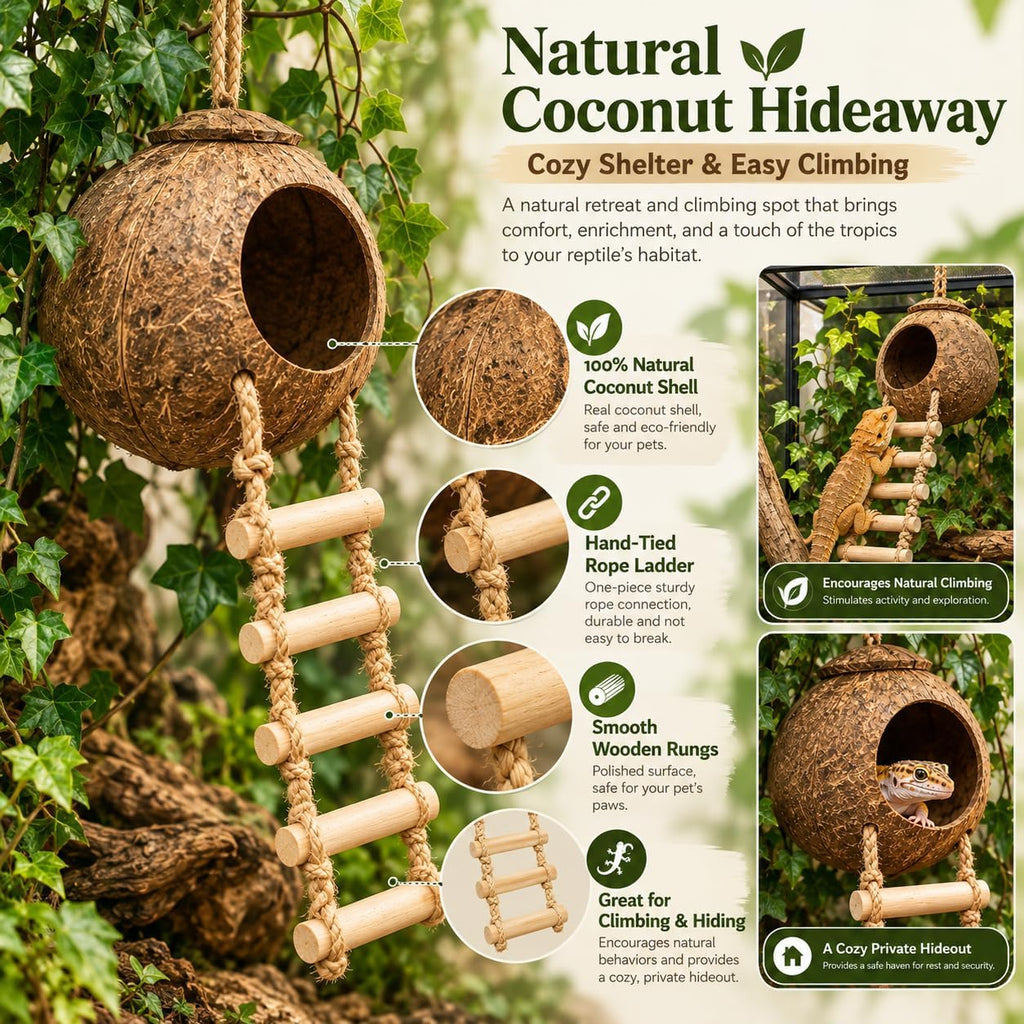 Crested Gecko Tank Accessories, Reptile Hide, Climbing Vines, Hanging Plants, Coconut Shells & Bridge for Leopard Gecko