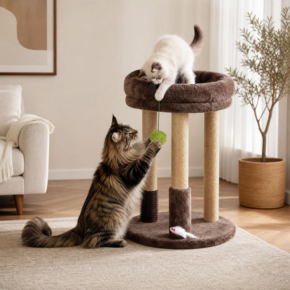 21" Cat Scratching Post with Tower Soft Bed, Heavy-Duty Wood Base