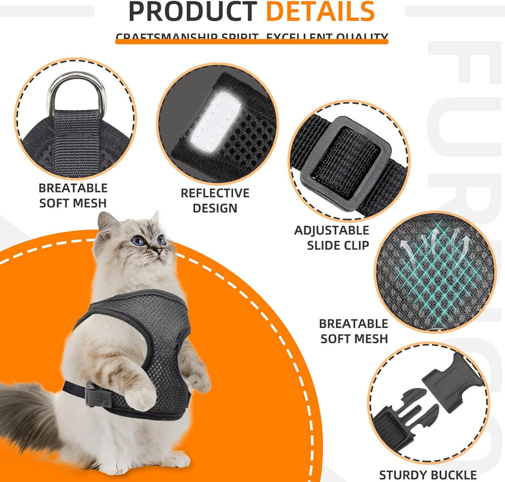 Waterproof AirTag Cat Harness & Leash, Escape Proof Vest (Black, M)