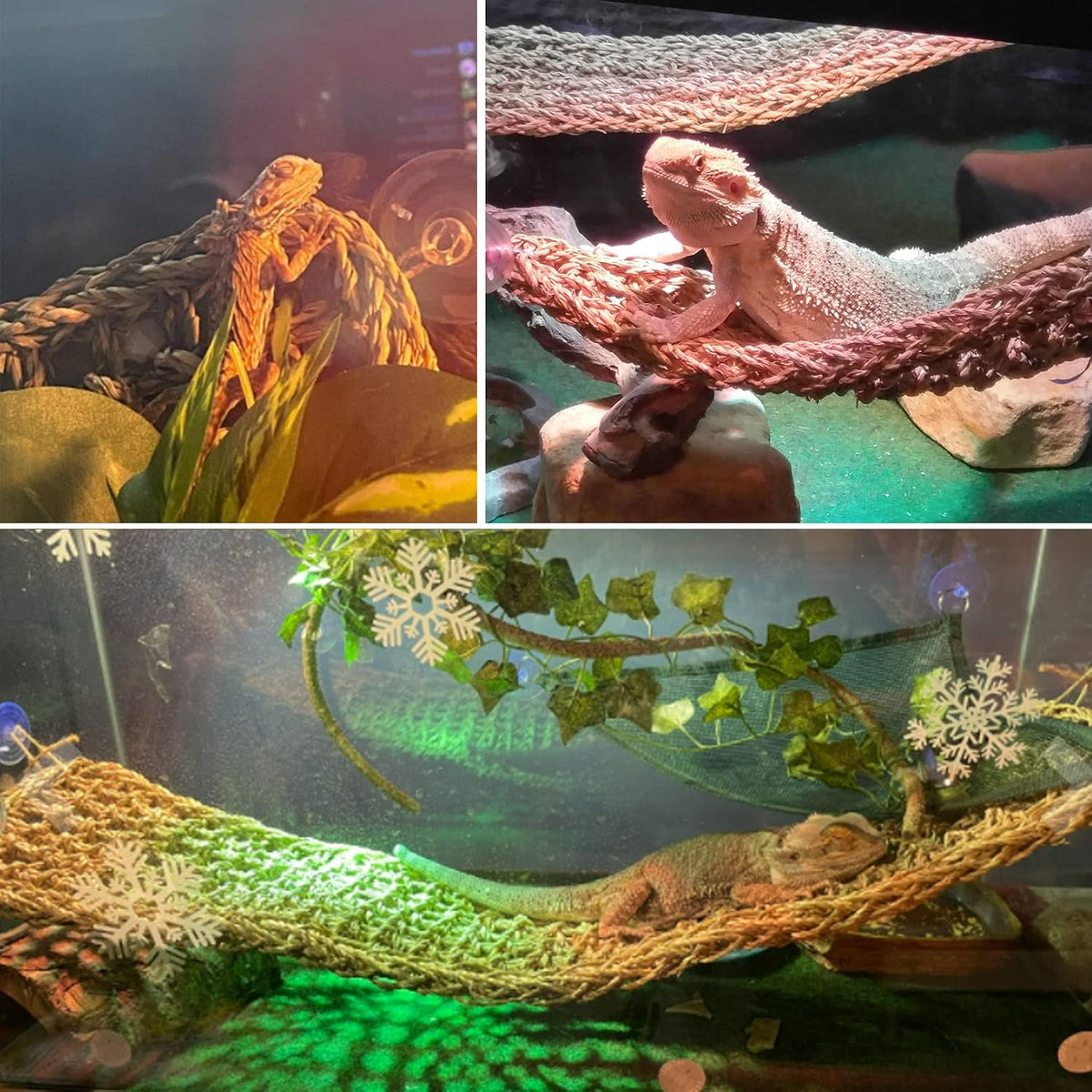 Bearded Dragon Hammock,Large Lizard Lounger,Reptile Tank Hanging Plants Climbing Jungle Vines Flexible Leaves Decorations for Lizards Chameleon Gecko Snakes(3 PCS)