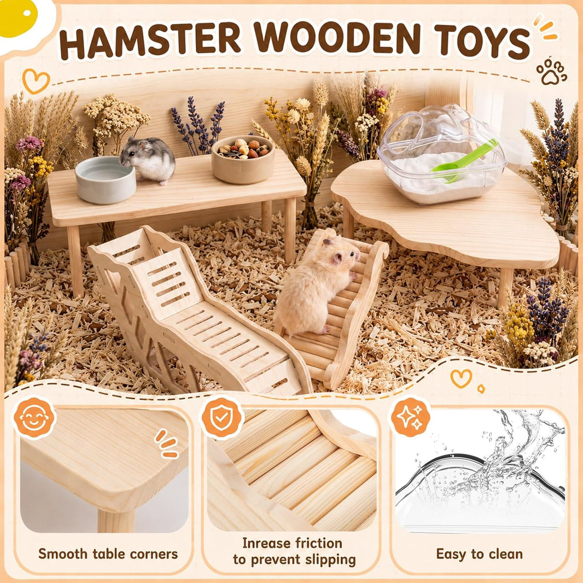 Qunclay 5 Pcs Hamster Hideout Wooden Platform Ladder Bath for Small Pets