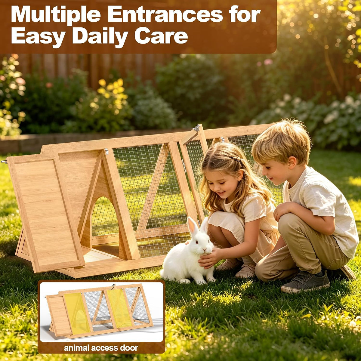 A-Frame Rabbit Hutch with Run, Wooden Bunny Cage Outdoor, 2-Door Weatherproof Small Animal House for Rabbits, Guinea Pigs, Quail & Chickens