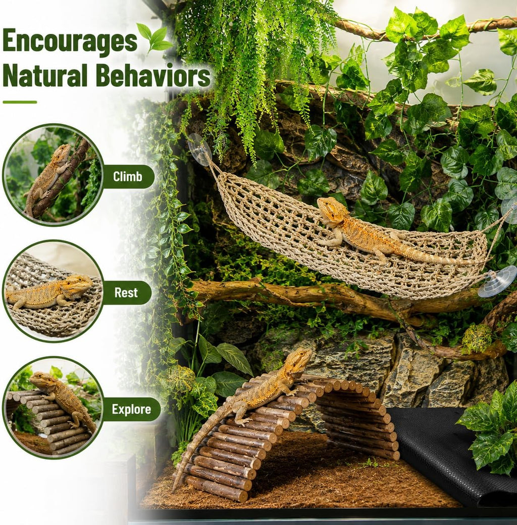 Bearded Dragon Tank Accessories, Reptile Mat Hammock Plants Bridge Jungle Climber Vines for Leopard Gecko Hermit Crab Lizard Snak (Bearded Dragon Tank Accessories (10 Piece with Reptile Mat))
