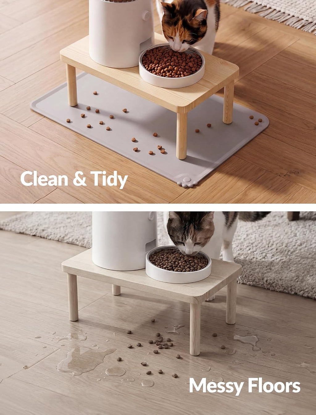 NiHome Cat Feeder Stand, Adjustable Height Wood Cat Food Table with Mat