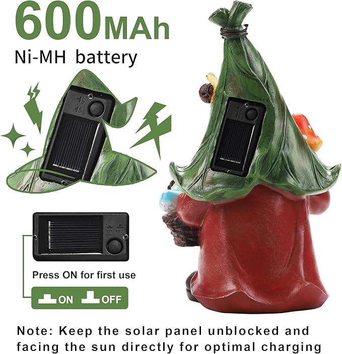 Gnome Solar Garden Statue with 3 LED Lights, Mushroom-Picking Gnome Statue - Image 3