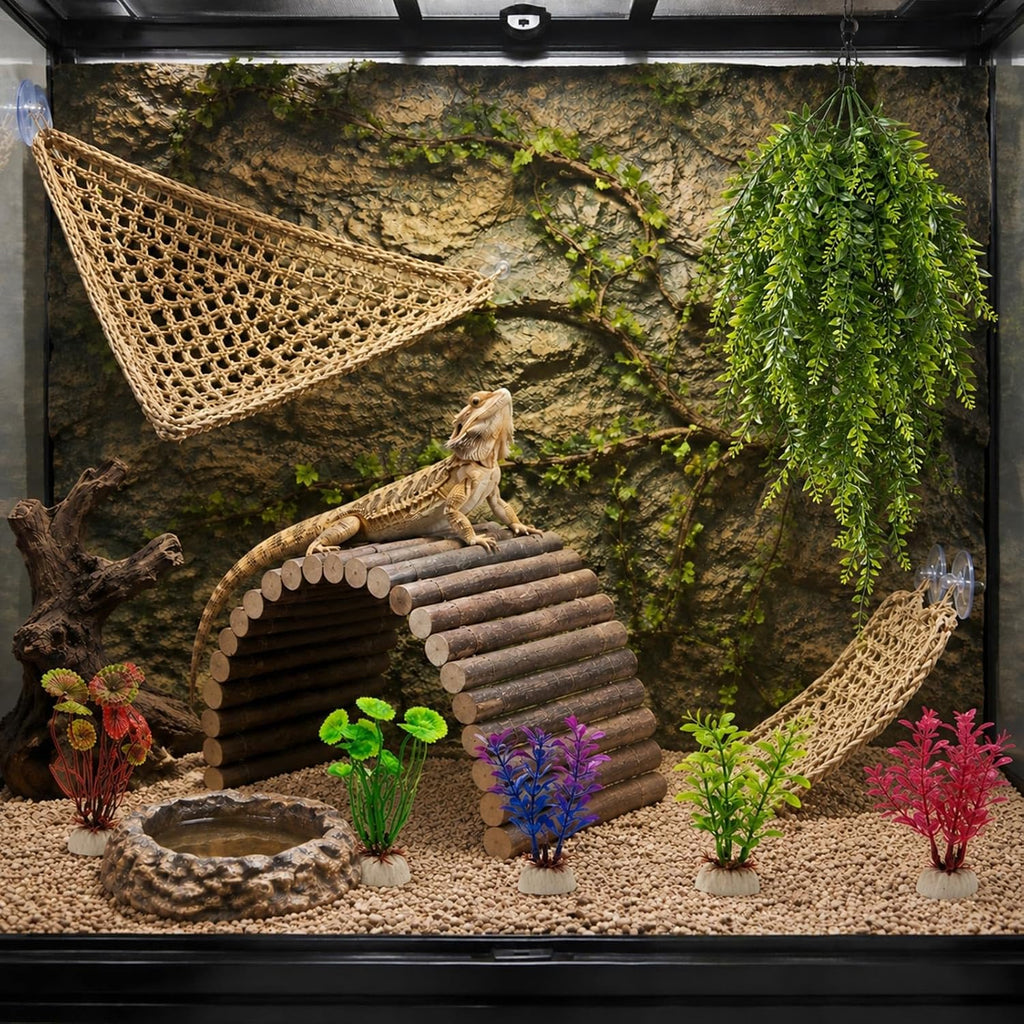 Bearded Dragon Tank Accessories, Reptile Terrarium Kit, Vines Plants Decor Hammock Hide Climbing Bridge for Geckos Lizards Hermit Crabs Chameleons Snakes and Spiders
