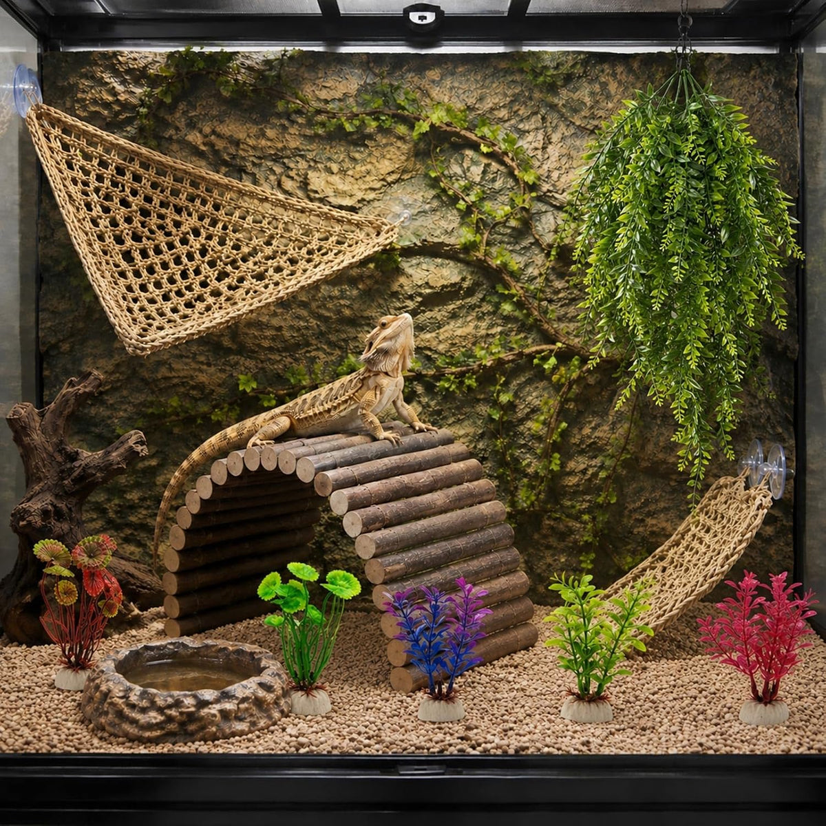 Bearded Dragon Tank Accessories, Reptile Terrarium Kit, Vines Plants Decor Hammock Hide Climbing Bridge for Geckos Lizards Hermit Crabs Chameleons Snakes and Spiders
