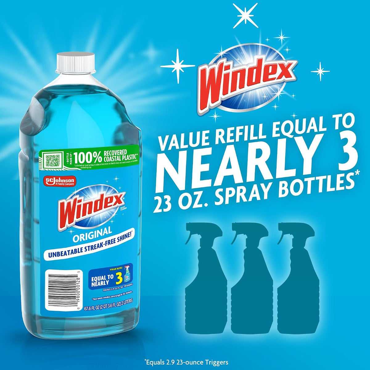 Windex Refill Glass and Window Cleaner Bottle, Bottle Made from 100% Recycled Plastic, Surface Cleaning Spray, Original Blue Scent, 2L (67.6 Fl Oz) (Pack of 2)