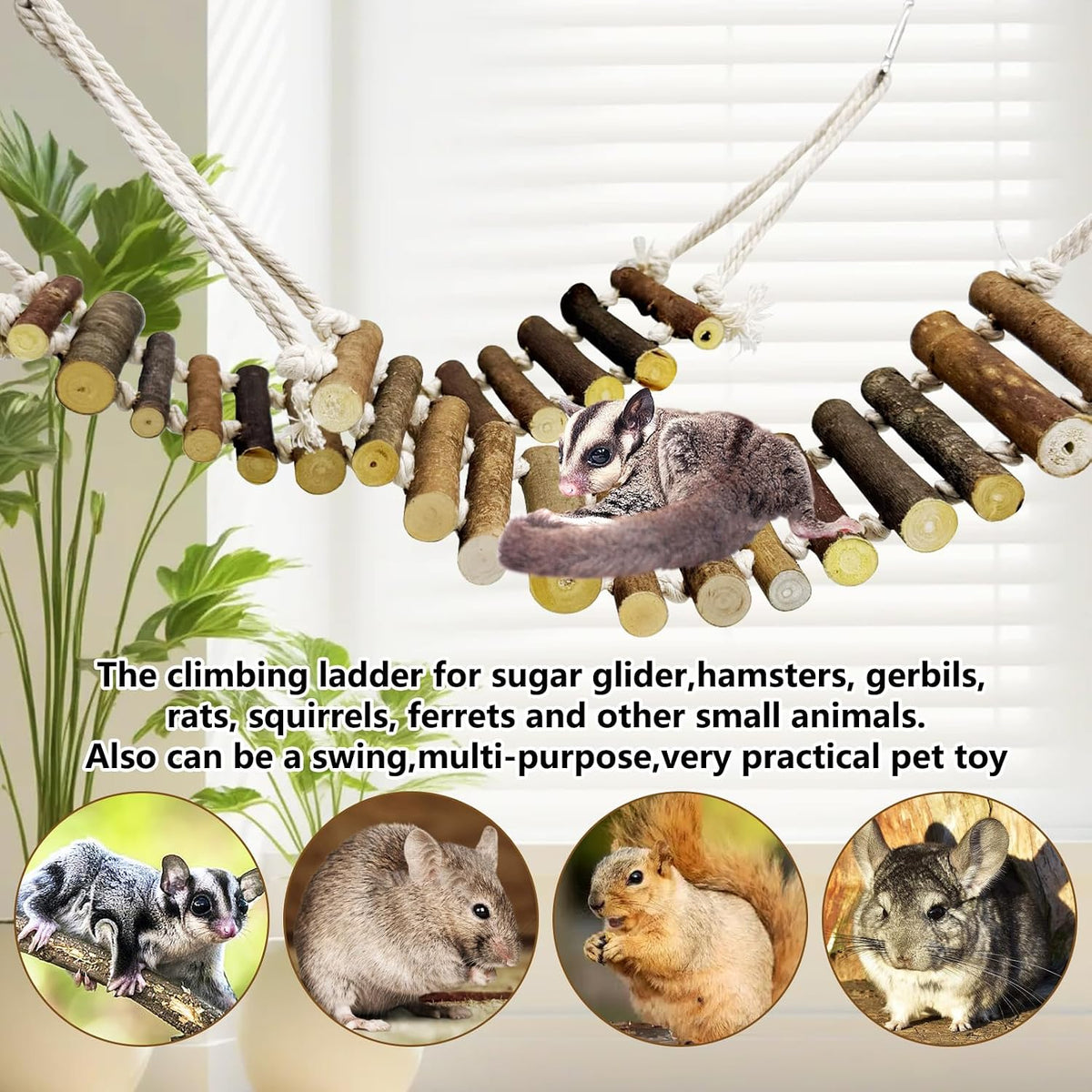 BNOSDM Sugar Glider Climbing Toys 2 Pack Nature Wood Rope Ladder Hanging Sugar Glider Bridge Cage Accessories for Mice Rat Hamster Gerbil Chinchilla