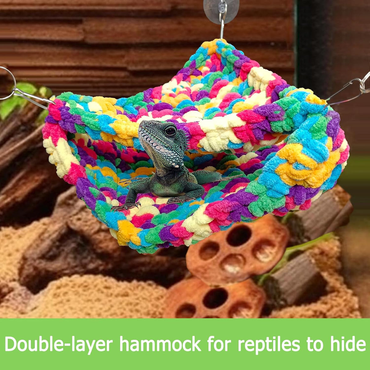 QWR Hand-Knitted‌ Soft Lizard Hammock,Double-Layer Hammock for Bearded Dragon Tank,Hanging Reptile Swing Hammock with Strong Adhesive Hooks,for Lizard Gecko Chameleon Hide(Triangular)