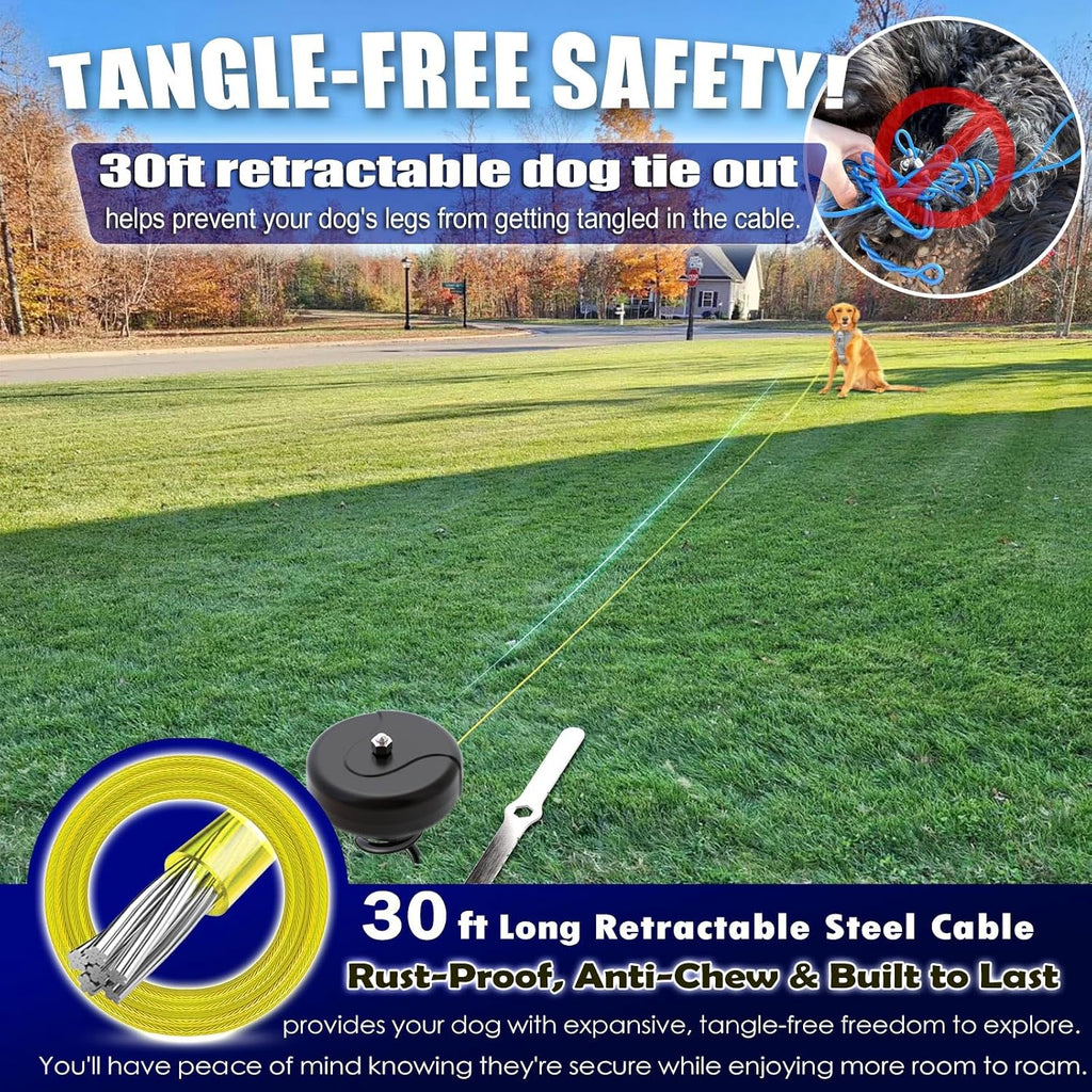 Dog Tie Out Cable and Stake 360° No Tangle Heavy Spiral Yard Stake and Retractable Dog Leash for Dogs Up to 10-90 lbs, 30ft Dog Chain for Outside Yard Camping Park (Black)