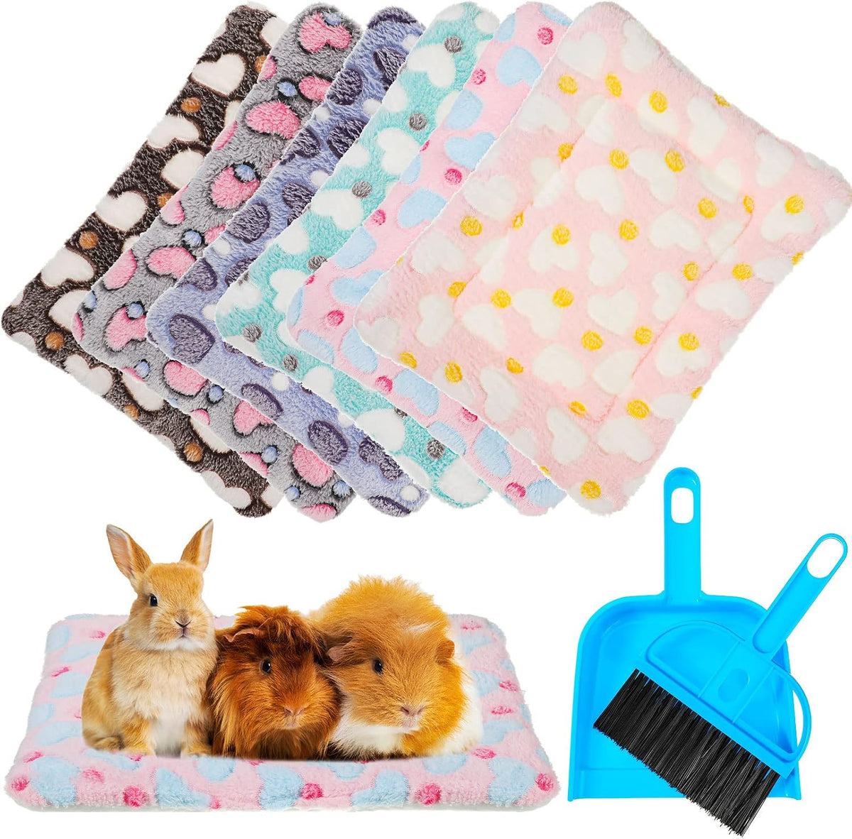 Yulejo 6 Pieces Guinea Pig Bed Mats with Cleaning Dustpan Brush Washable Plush Cage Lines Soft Fleece Sleeping Bedding Pads for Hamster Bunny Chinchilla Squirrel Small Animals (Cute Color, Star)