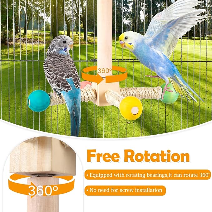 Rotating Bird Perches Toy, Interactive Spinning Parrot Parakeet Toys, Wooden - Image 2