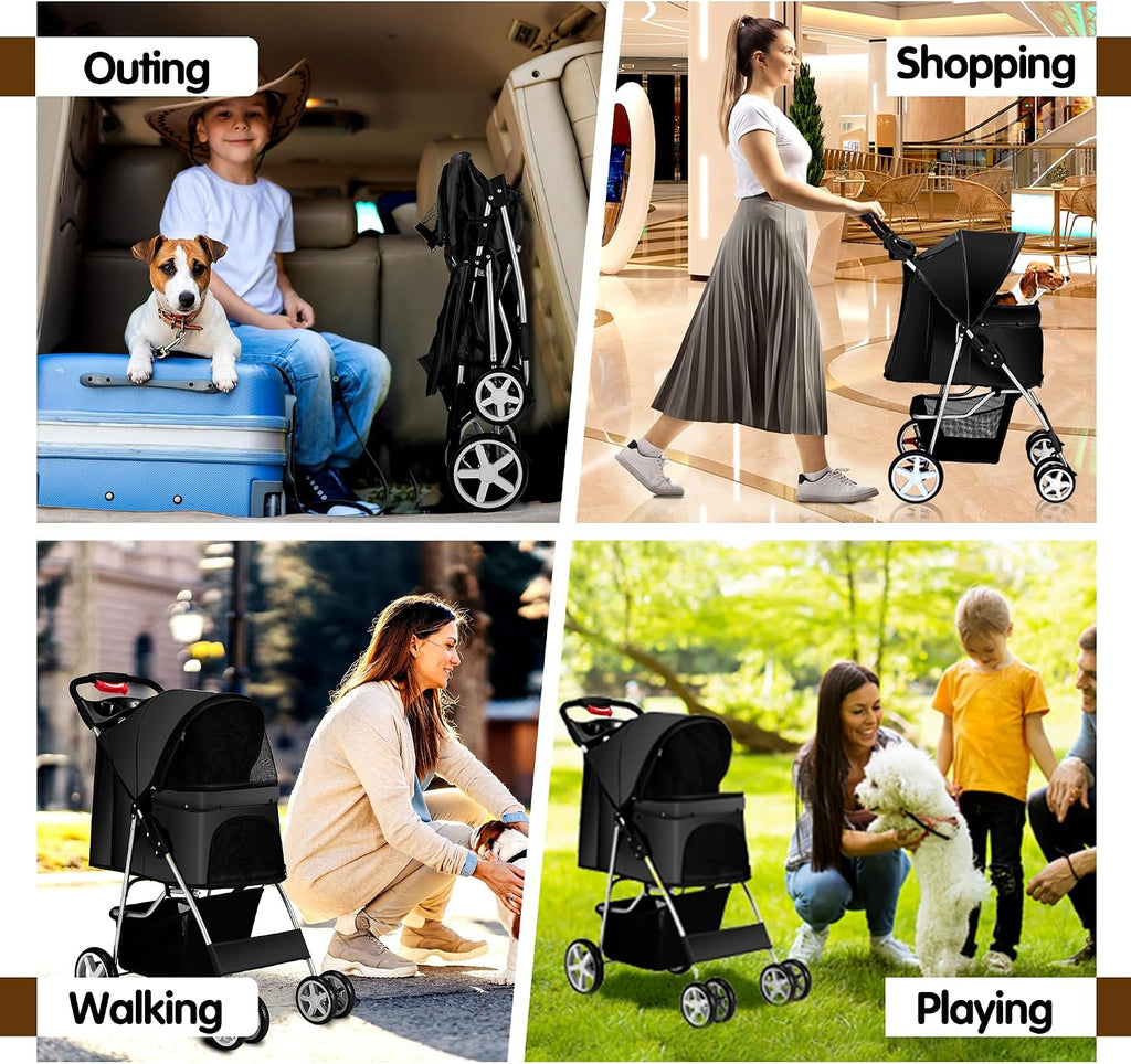 Foldable Pet Stroller 4 Wheels for Small Medium Dogs Cats,Black