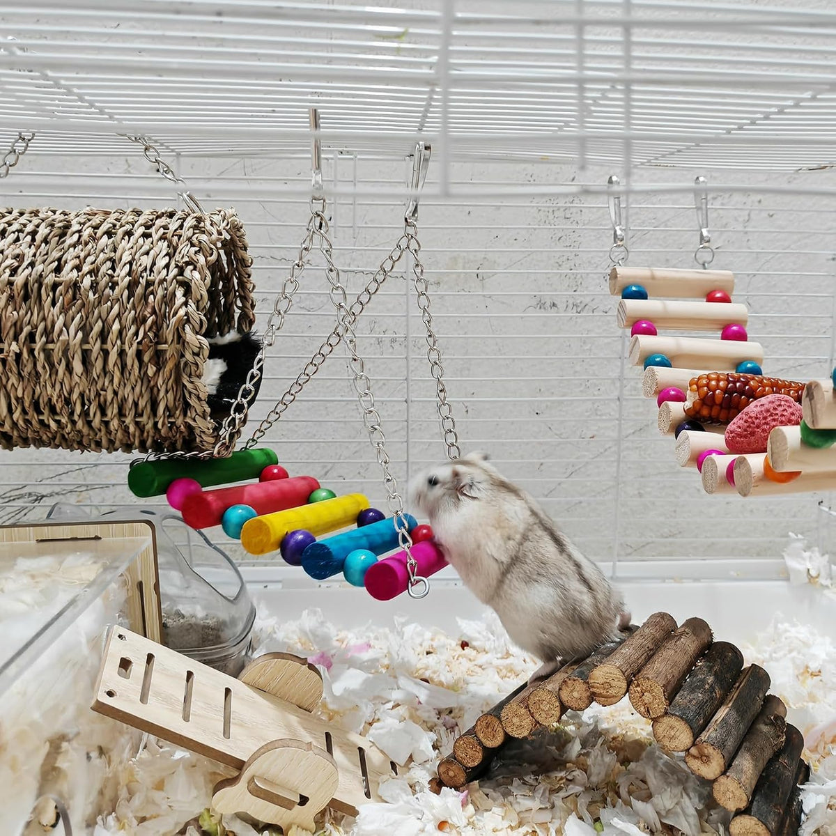 Hamiledyi Hamster Hanging Hammock 3 Piece Wooden Rat Ladder Swing Set Cage Clmbing Toys Accessories for Syrian Hamster Sugar Glider Bird Mice Playing Sleeping