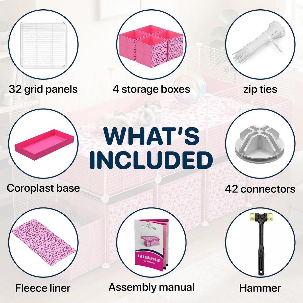 32 Panels 2x4 Pink C&C Cage for Guinea Pigs with Stand 56x28 in Space-Saving 5mm Waterproof coroplast Washable Fleece Liner and 4 Storage Boxes Small Animal Playpen Bunny Cage Hedgehog