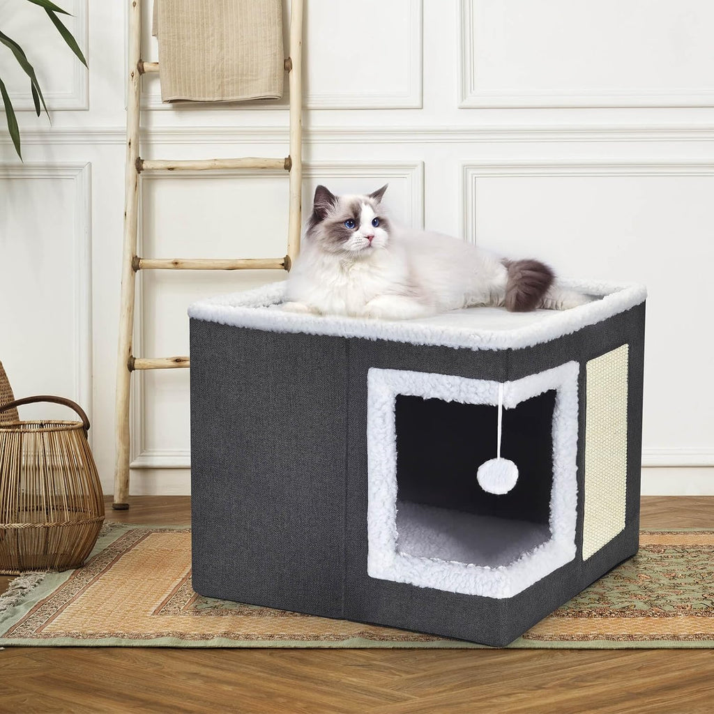 petizer Cat Bed for Indoor Cats, Large Covered Cat House with Scratch Pad, Foldable Cat Cave Bed & Hideaway Cube with Reversible Cushions, Cute Cat Condo for Multi Small Pet Kitten (Dark Grey)