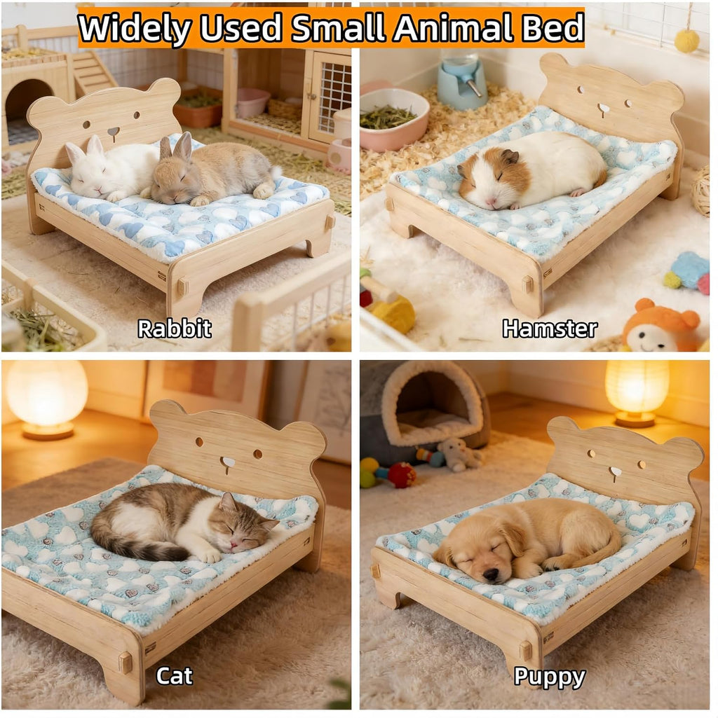 Wooden Bunny Bed with Soft Mat, Cute Pet Bed for Rabbits, Cats, Guinea Pigs Puppy Hamster Small Animal Sleeping, Cozy Warm 19.5"x 15.5" Suitable for Pets Under 20 lbs