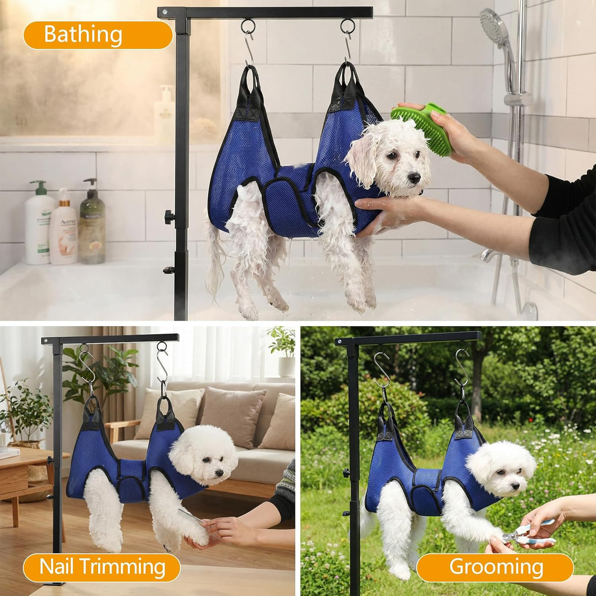 Dog Grooming Arm with Hammock, Adjustable 27-37", Dual Clamp