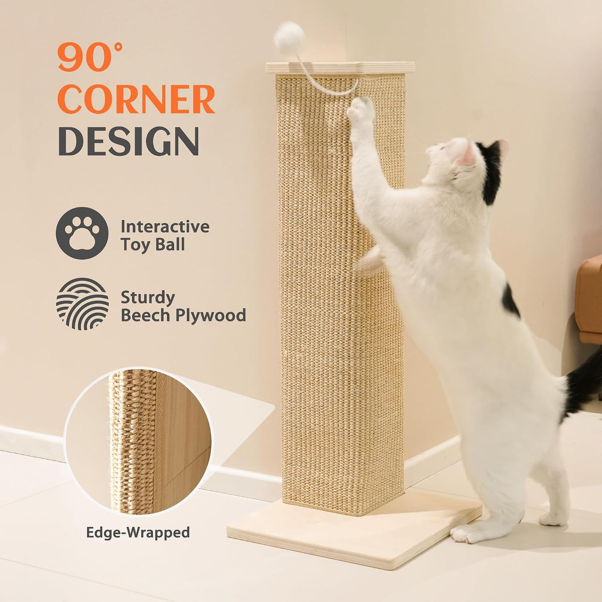 PETKARAY Couch Corner Cat Scratcher, 22'' Corner Scratching Post Cat Wall Scratcher, Sisal Scratch Pad for Sofa, Wall Furniture Protector with Toy Ball