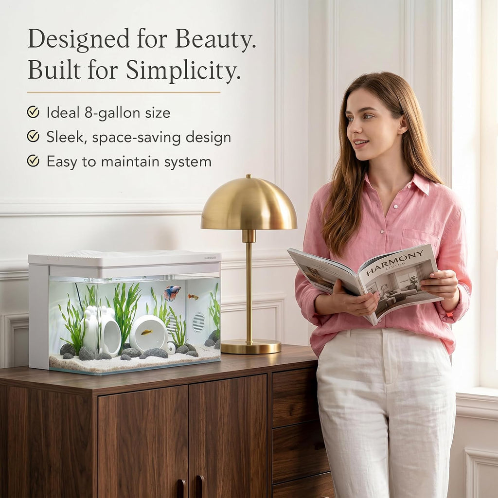 Harmony 8 Gallon All-in-One Aquarium Kit, Award-Winning Fish Tank with Lid, Integrated Filtration, LED Light, Low-Iron Glass, White Tank with White Top