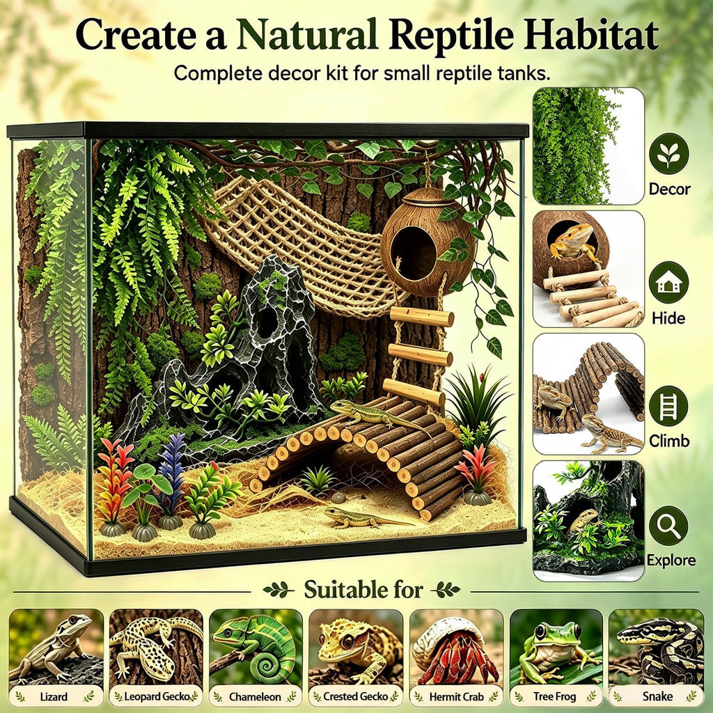 21Pcs Reptile Tank Accessories Kit, Terrarium Decor for Bearded Dragon & Gecko