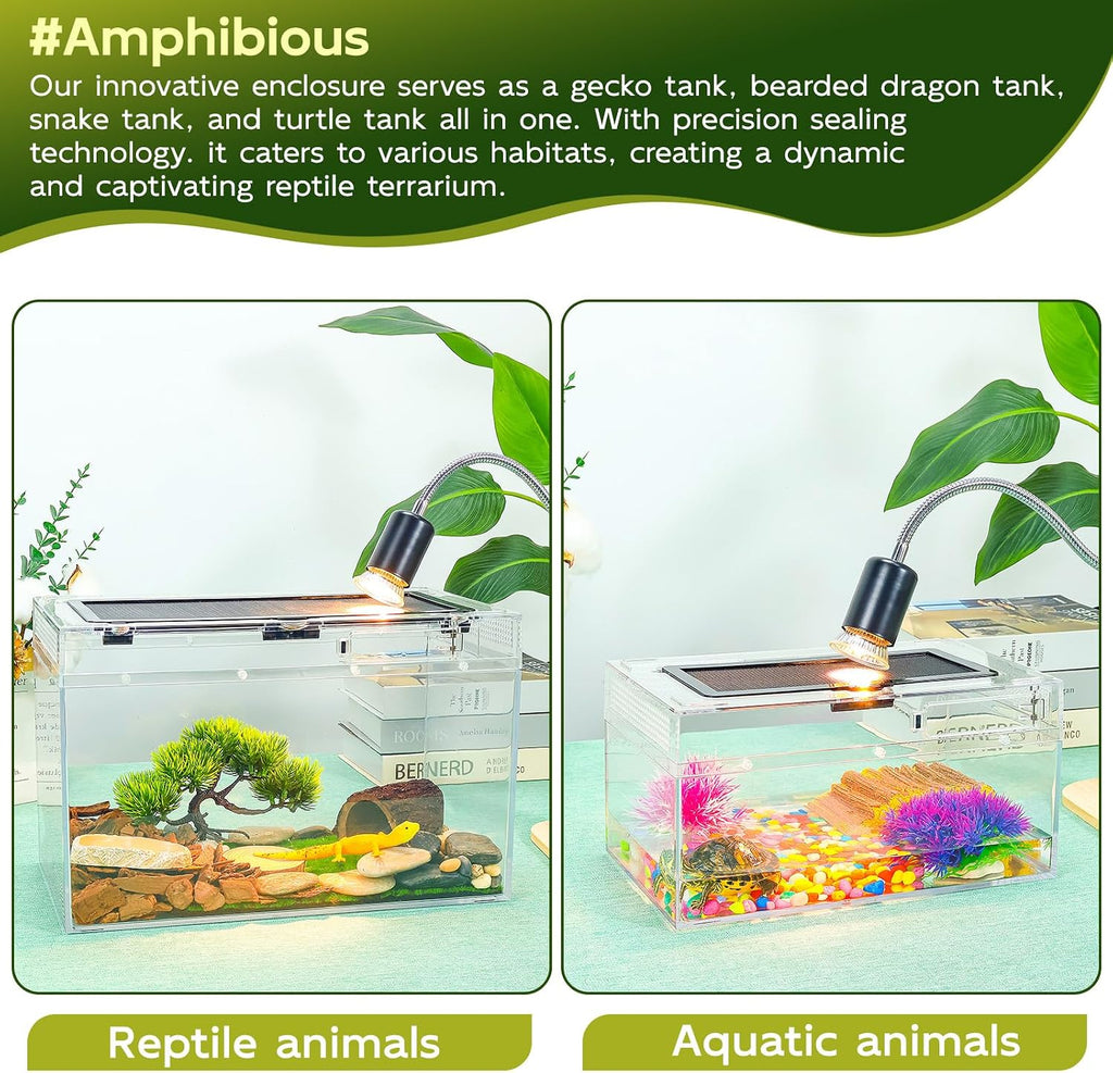 12.5x6x7 Reptile Terrarium Kit with Heat Lamp & Hideout for Geckos, Snakes