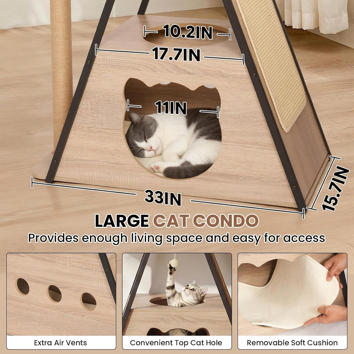 71" Modern Wood Cat Tree for Large Cats - Heavy Duty Tall Cat Tower for Indoor Cats, Multi-Level Cat Furniture with Spacious Condo, Large Perch, Scratching Posts & Hammock (Beige)