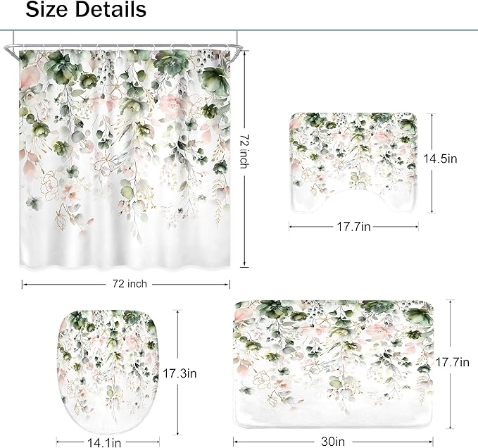 4 PCS Green Pink Floral Flower Shower Curtain Set 72Wx72H Inch Watercolor - Image 4