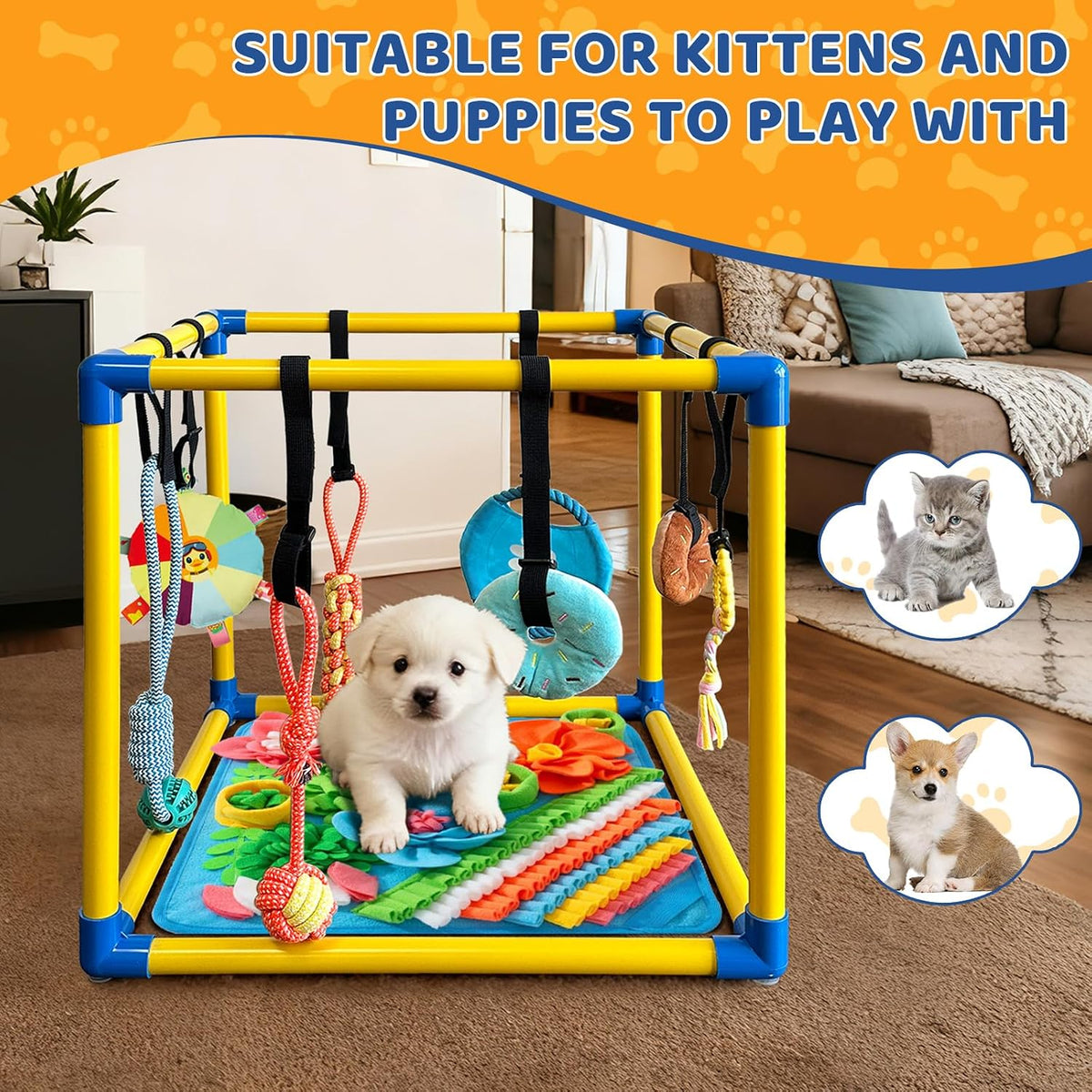 Puppy Play Gym & 8 Toys (Blue,19.6″ x 19.6″ x 19.6″‌) with Snuffle Mat