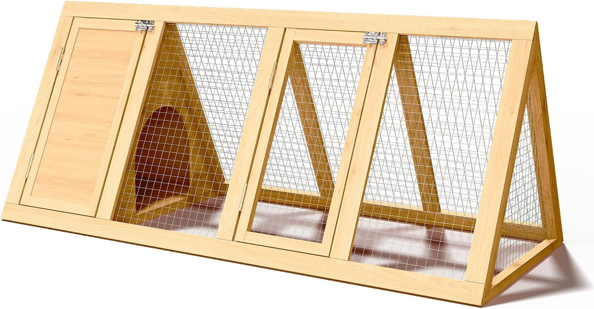 A-Frame Rabbit Hutch with Run, Wooden Bunny Cage Outdoor, 2-Door Weatherproof Small Animal House for Rabbits, Guinea Pigs, Quail & Chickens