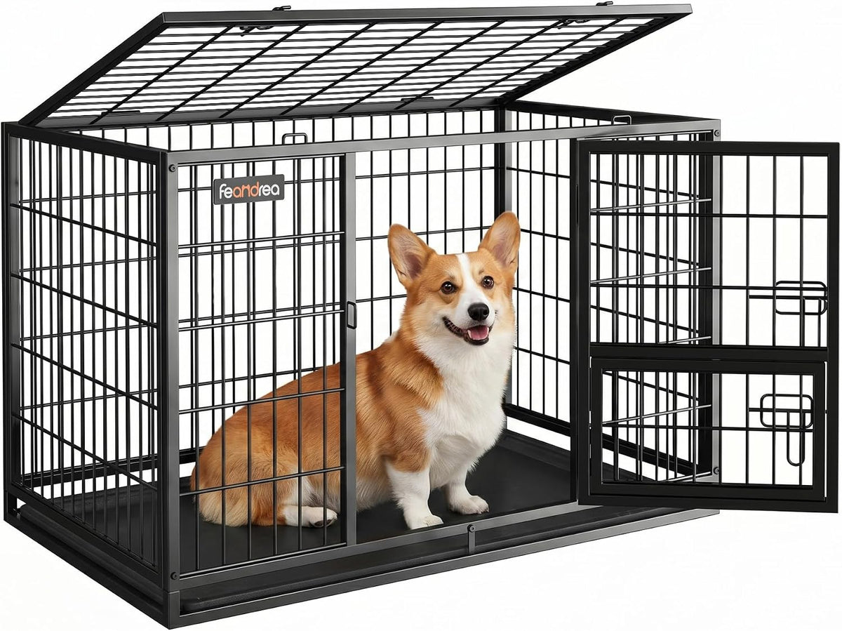 Feandrea 36.4" Heavy-Duty Dog Crate, Convenient Feeding Door, Double Doors