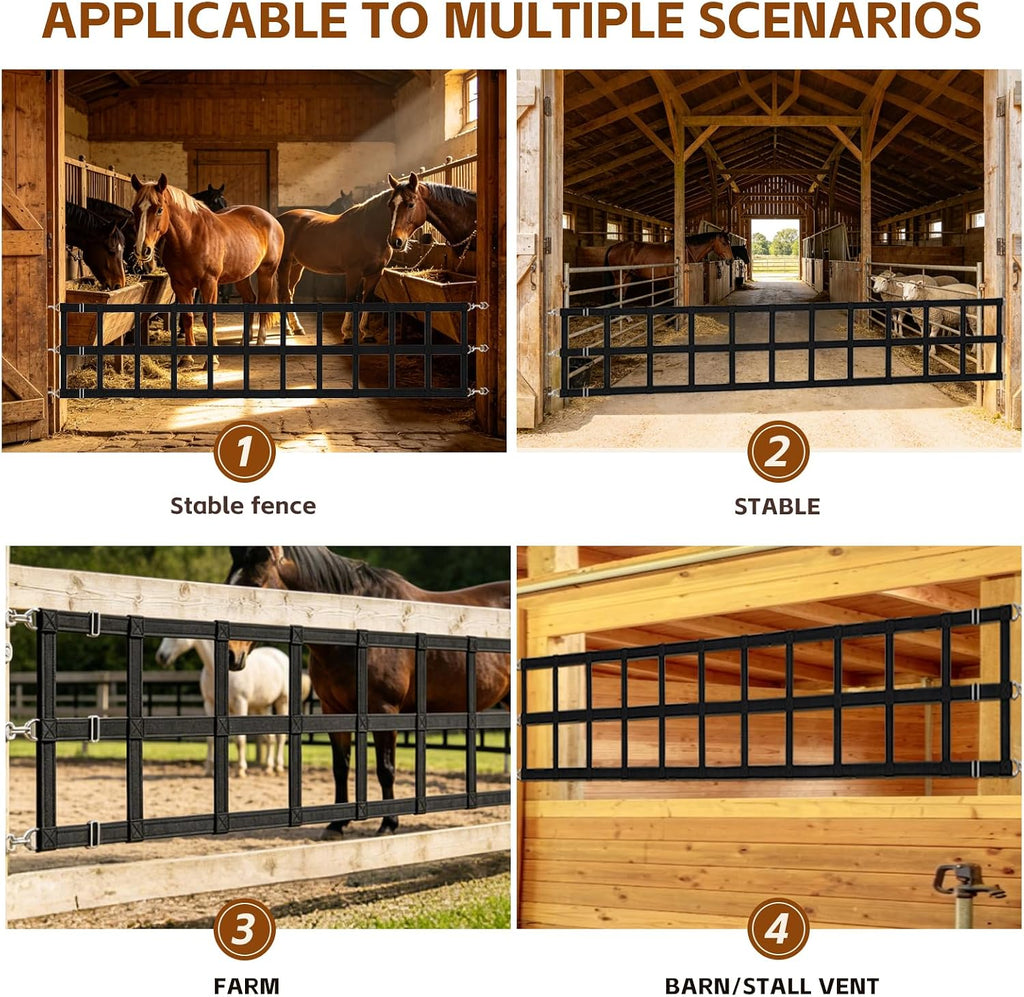 Horse Stall Guards with Adjustable Straps, High Tenacity Nylon Barn Door Guards with Screw Eyes and Open-End Snaps for Barn Ventilation & Safety, 20''H x 12'L, Black