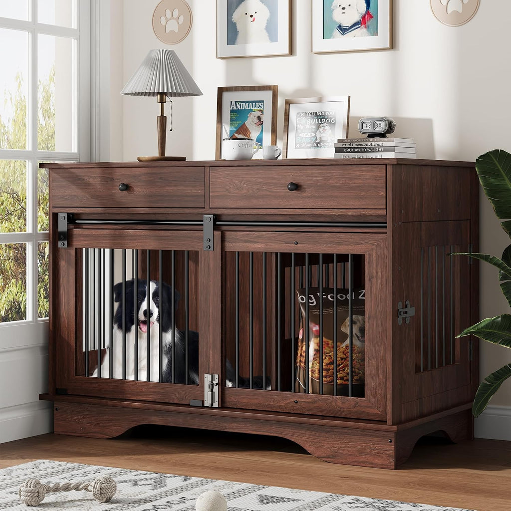 47" Large Dog Crate Furniture,Dog Furniture Crate with 2 Storage Drawers & Removable Divider for Large/Medium/Small Dogs (Brown)