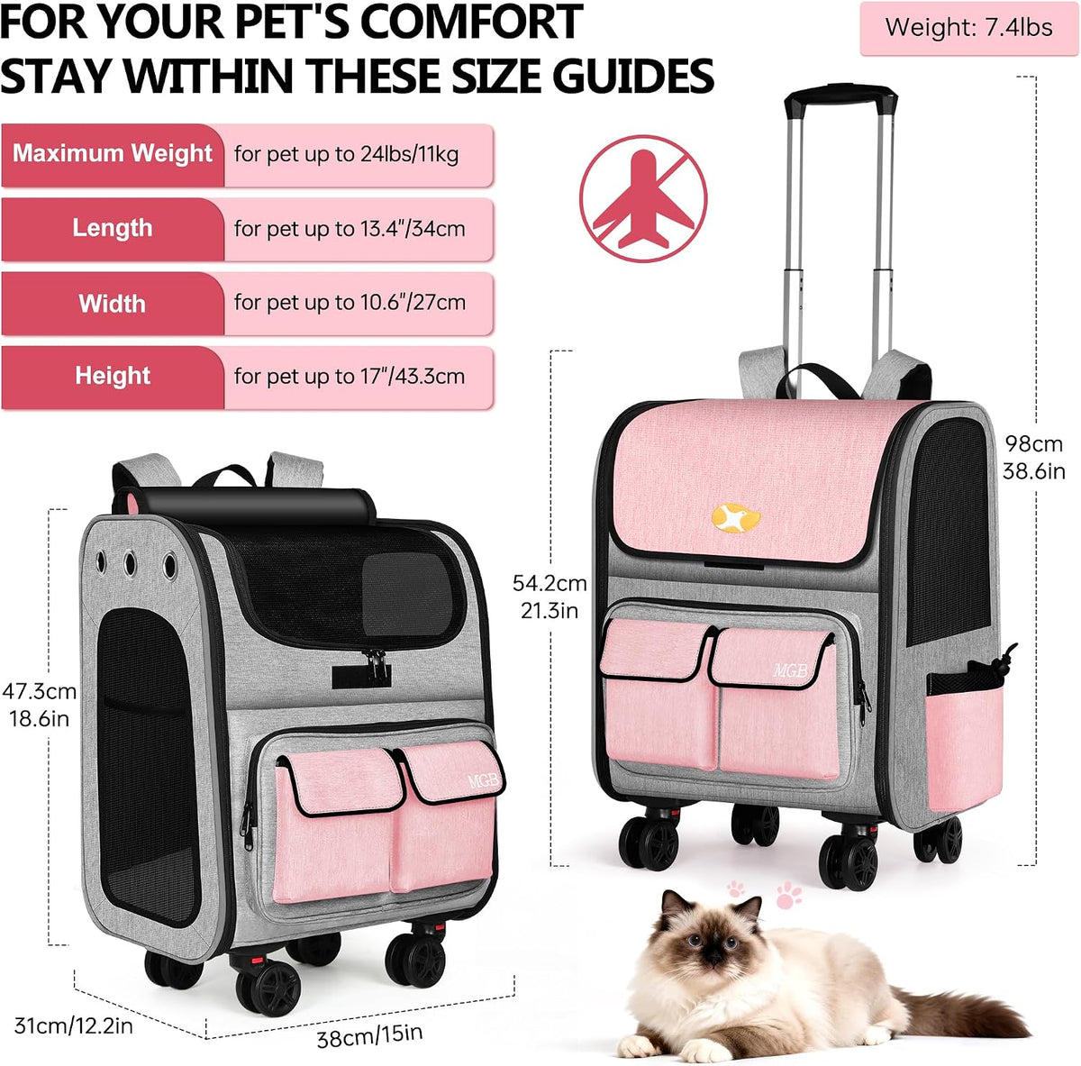 MGB Foldable Rolling Pet Carrier with Wheels Pink(Not for Airline)