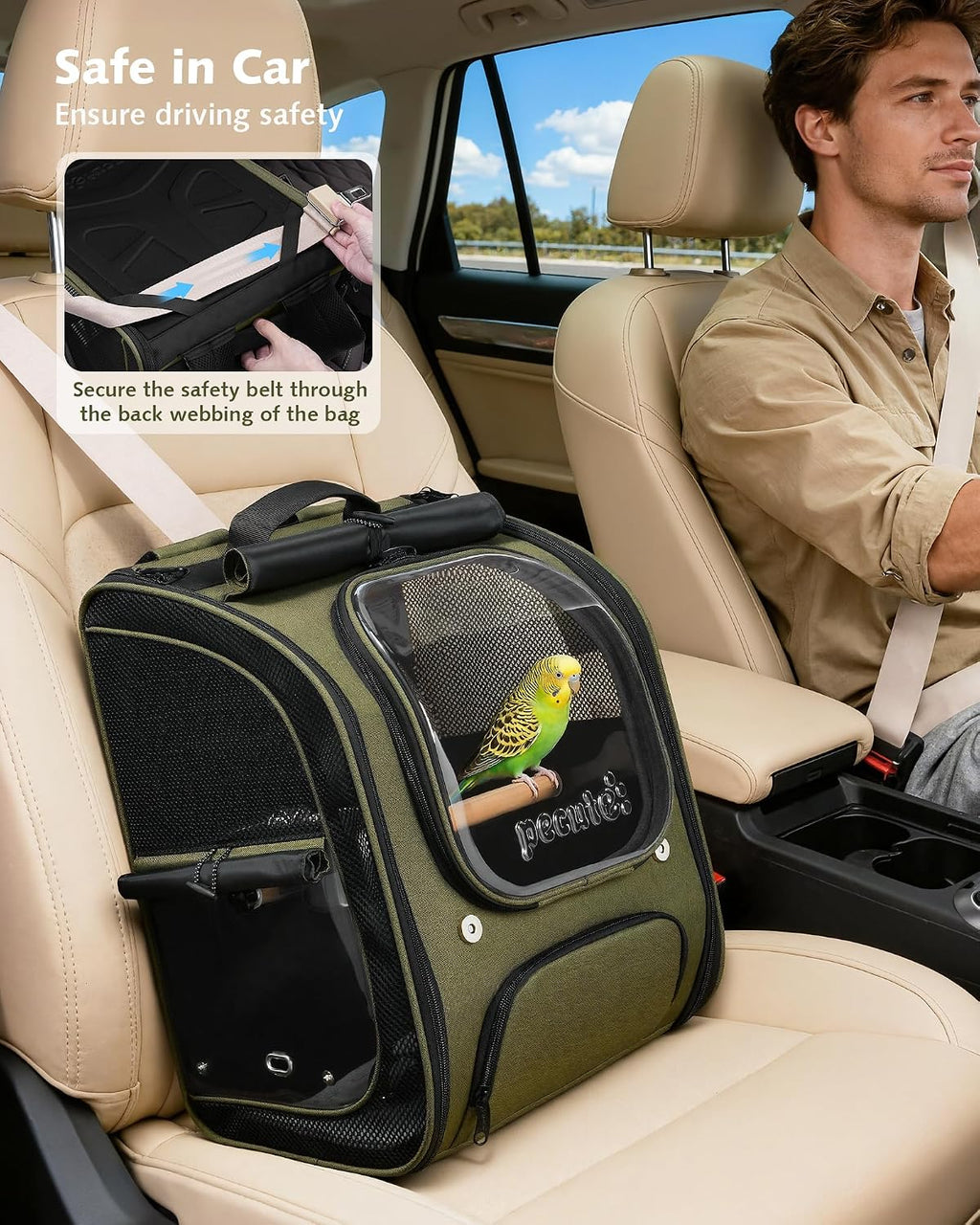 Pecute Bird Backpack Carrier with Standing Perch for Small Parrot, Green