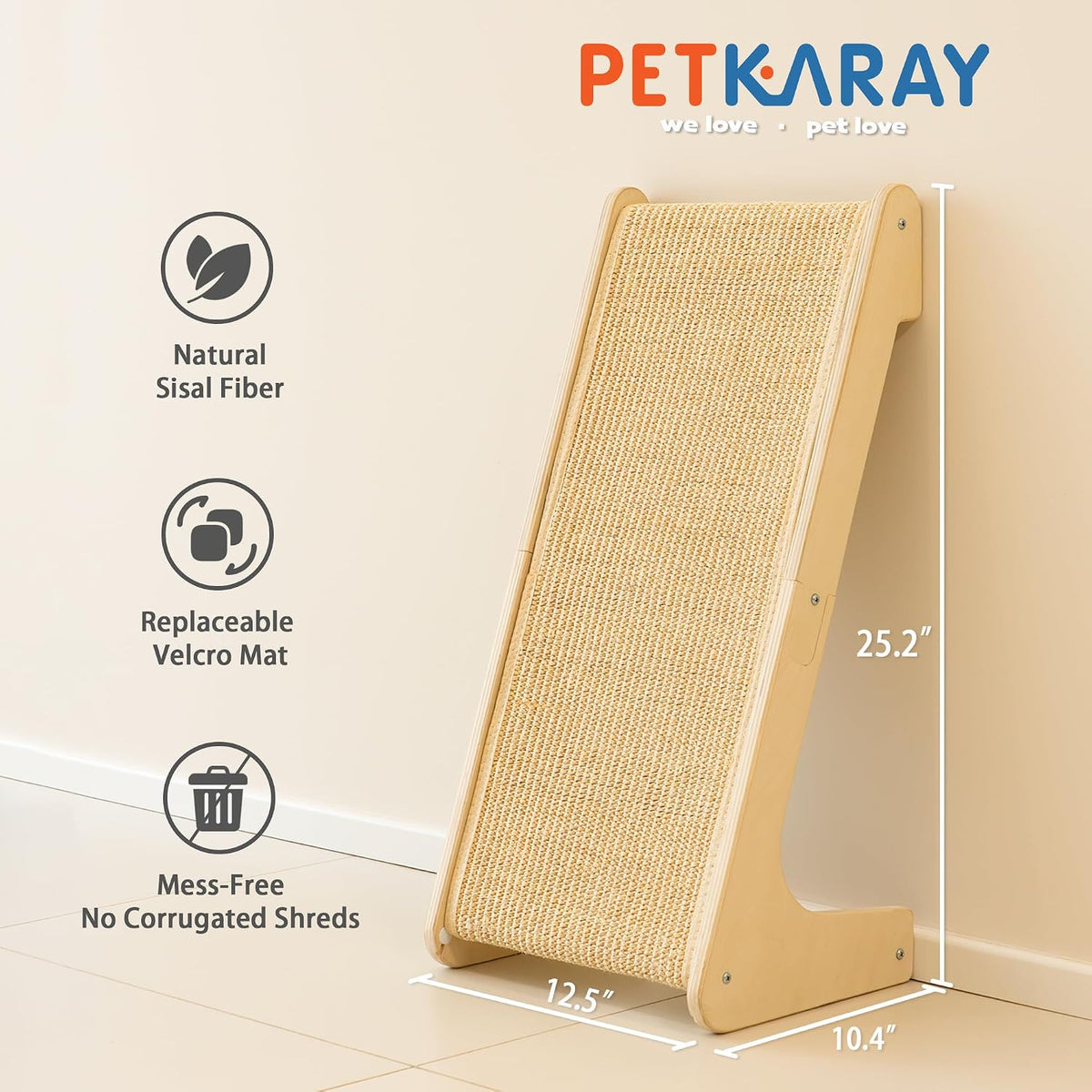 PETKARAY L Shape Cat Scratcher, Sisal Kitty Scratching Ramp, Vertical Scratch Pad for Indoor Cats, 25.2" Furniture Protector with Catnip, Classic