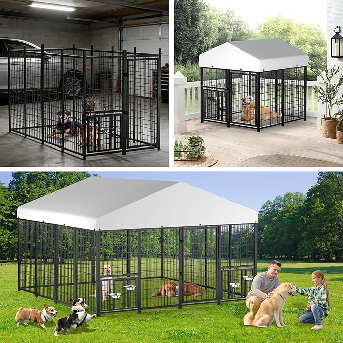 LOVMOR Outdoor Dog Kennel with Roof, Heavy Duty Steel Dog Run Enclosure - Image 7